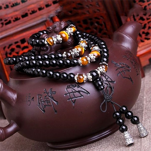 Bracelet 108 perles mala en oeil de tigre et obsidienne noire pour protection et chance