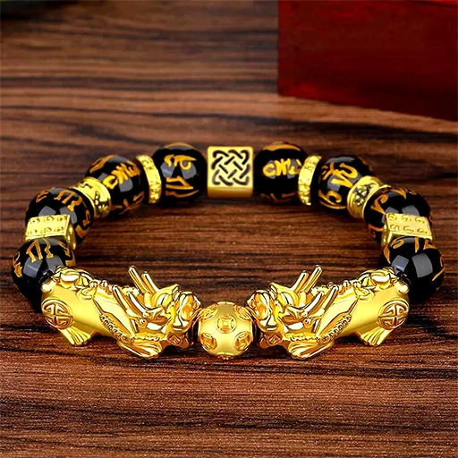 Bracelet Feng Shui Richesse Obsidienne Noire avec dragon