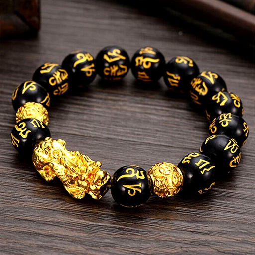 Bracelet Feng Shui en Obsidienne Noir avec de l'or et dragon