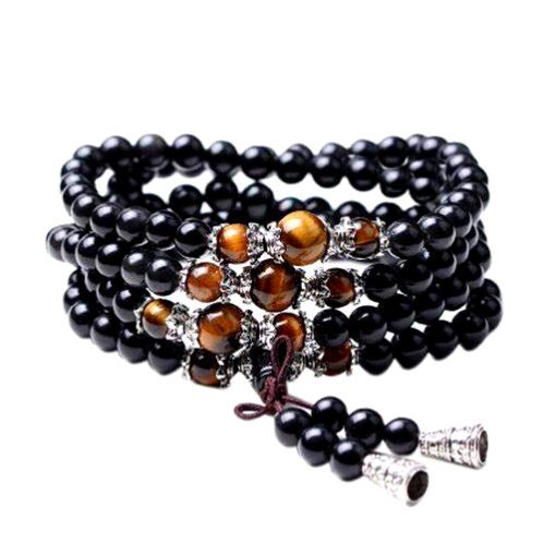 Bracelet Mala 108 Perles en Obsidienne Noire et Oeil de Tigre Bouddhiste